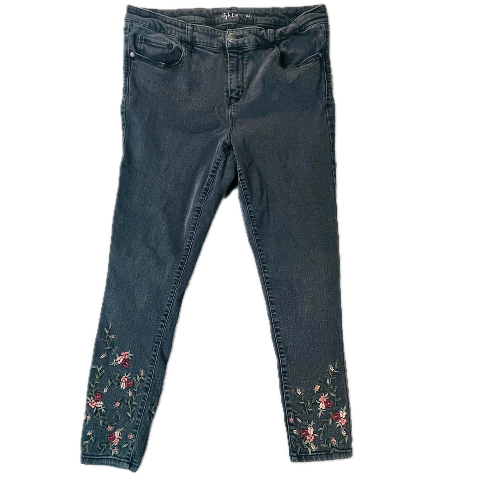 Style & Co Jeans Women 14W Grey Floral Embroidered Ankle Skinny Mid Rise Stretch
